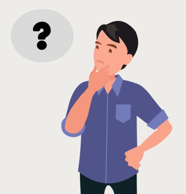 İnsan düşünüyor. Soru işareti. Çizgi film tarzında vektör illüstrasyonu