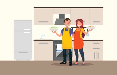 Karı koca birlikte hazırlanıyorlar. Erkek ve kadın mutfakta. Düz bir şekilde vektör illüstrasyonu