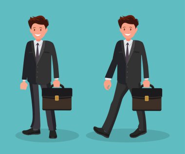 Karakter ofis çalışanı ya da iş adamı. Takım elbiseli bir adam ayakta durur ve gider. Vektör illüstrasyonu