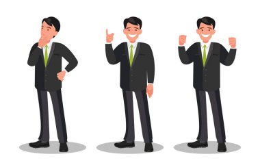 Bir iş adamı karakteri. İş adamı farklı pozlarda. Düz biçimli vektör illüstrasyonu.