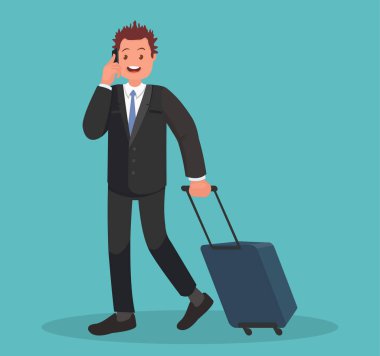 Havaalanında bavullu bir iş adamı telefonda konuşuyor. Çizgi film tarzında vektör illüstrasyonu