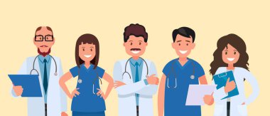 Sarı arka planda bir grup doktor. Düz biçimli vektör illüstrasyonu