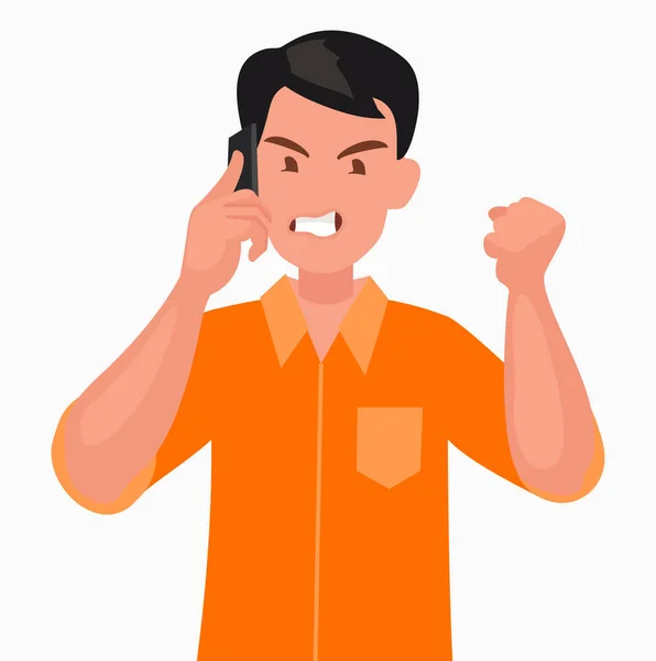 Portrait Angry Man Talking Mobile Phone Vector Illustration Cartoon Style — Stock Vector