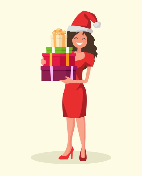 Красивая Женщина Одета Рождественскую Шляпу Красное Платье Держит Подарки Новогодние — стоковый вектор