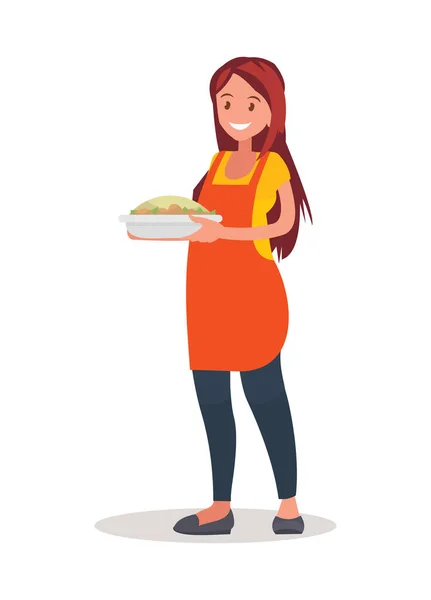 Hausfrau Bereitet Essen Der Küche Vektorillustration Flachen Stil — Stockvektor