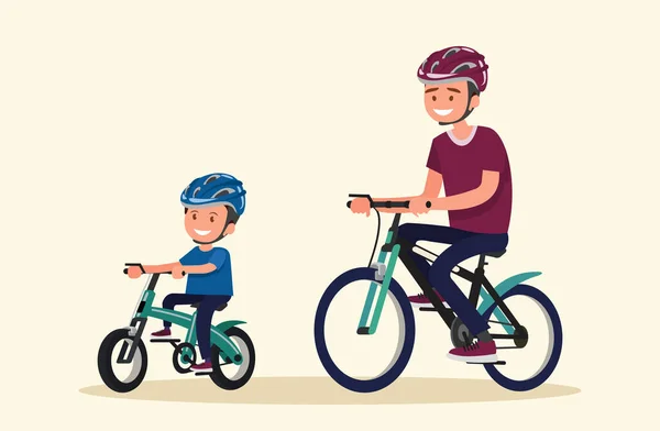 Férias Activas Pai Filho Andam Bicicleta Ilustração Vetorial Desenho Plano —  Vetores de Stock