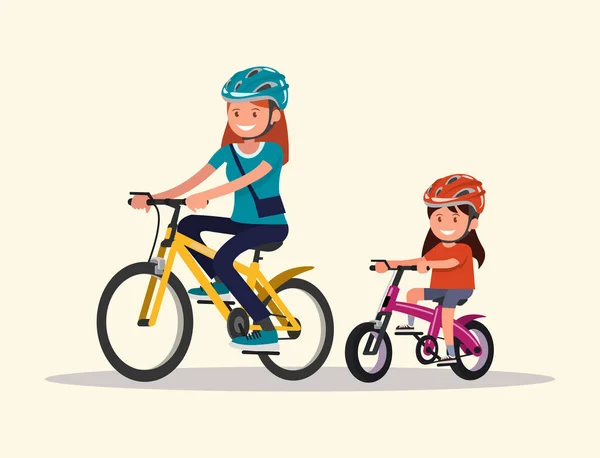Ciclismo Madre Hija Andan Bicicleta Ilustración Vectorial Diseño Plano — Vector de stock