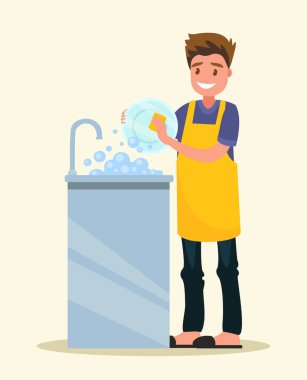 Önlük giymiş gülümseyen adam bulaşık yıkıyor. Düz tasarımın vektör illüstrasyonu