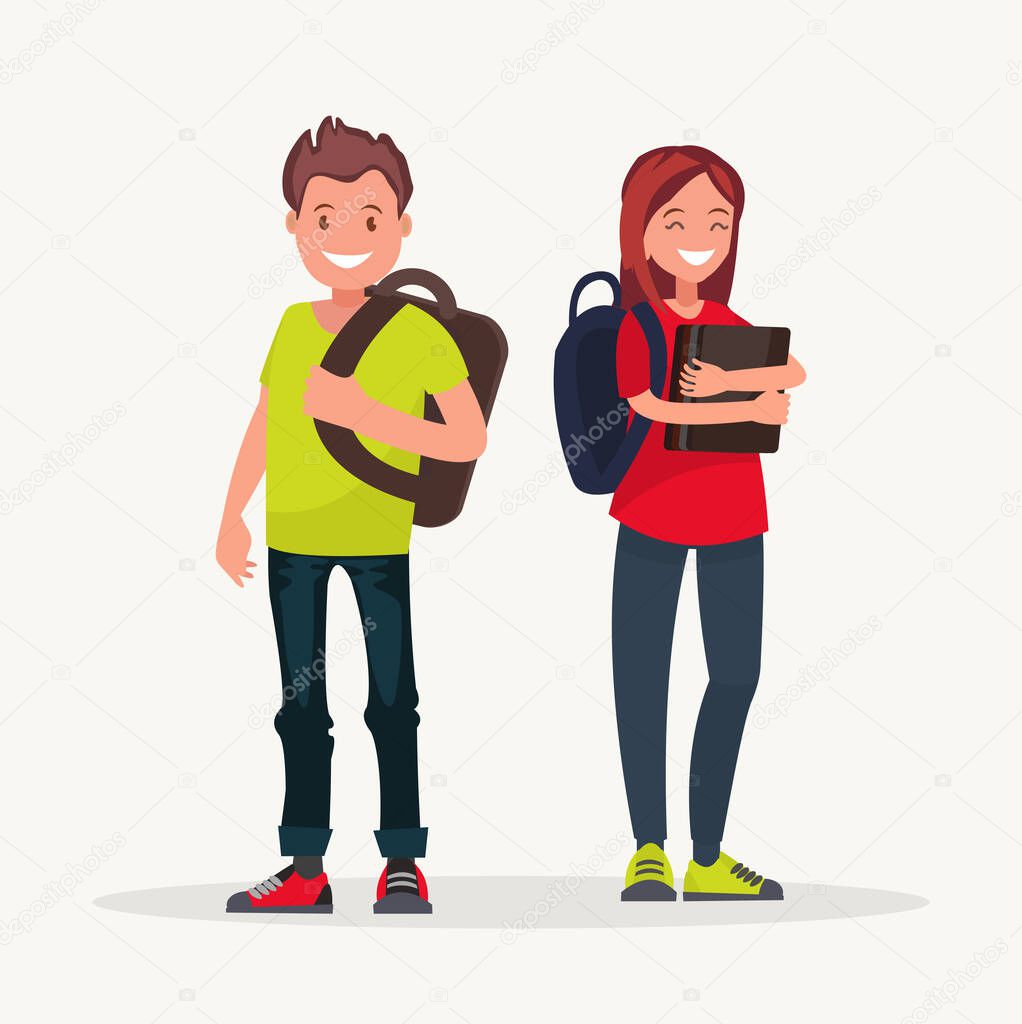 Young couple students. Teenagers. Vector illustration of a flat design.