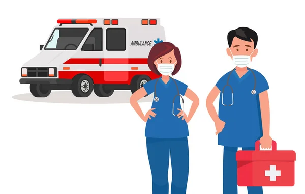 Ambulance Staff Couple Doctors Vector Illustration Flat Style — Stock Vector