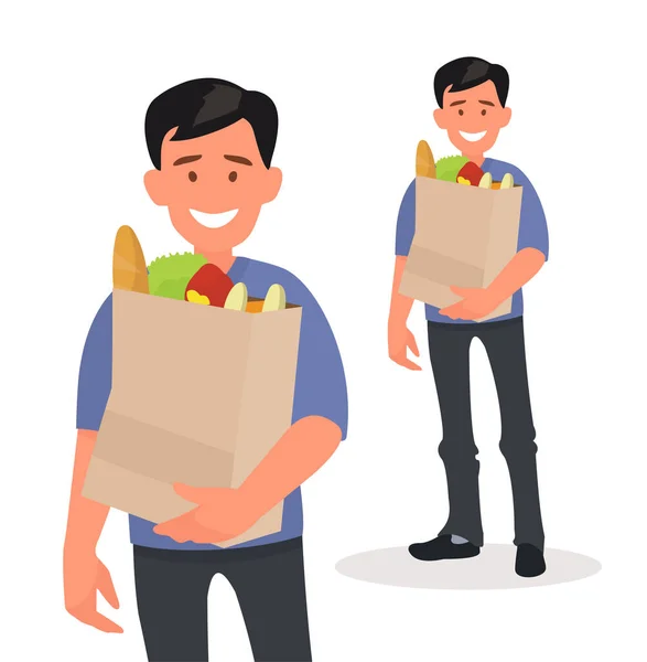 Happy Man Holding Grocery Bag His Hands Buyer Supermarket Vector — Stock Vector