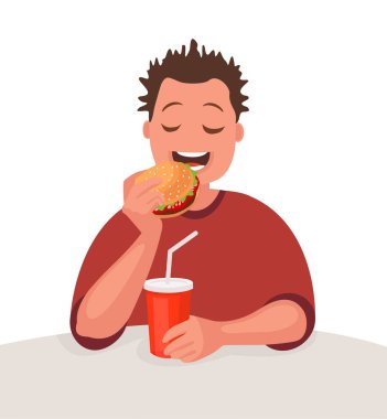 Adam fast food yiyor. Sağlıksız beslenme ve yanlış yaşam tarzı kavramı. Çizgi film tarzında vektör illüstrasyonu
