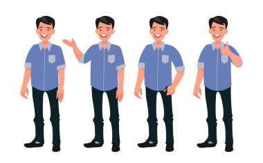 Farklı pozlarda sıradan giyinmiş yakışıklı bir adam. Çizgi film tarzında vektör illüstrasyonu