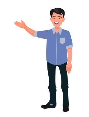 Mutlu adam bir şeye işaret ediyor. Reklam karakteri. Adam eli ile bir yön gösterir. Çizgi film tarzında vektör illüstrasyonu