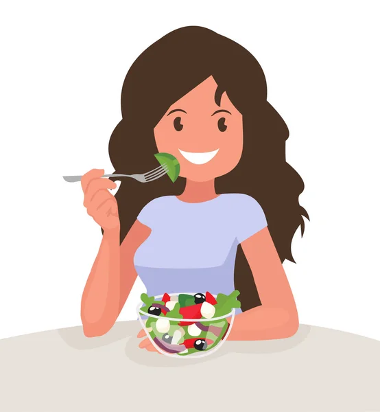 Happy Woman Eating Salad Vegetarian Concept Proper Nutrition Healthy Lifestyle — Stock Vector