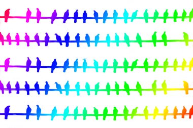 Güç telleri üzerinde gökkuşağı gradyanı ve güvercin siluetleri ile soyut grafik görüntü