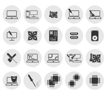 Bilgisayar temasının ana simgeleri. Bilgisayar bileşenleri, bilgisayar hizmetleri (bilgisayarların onarımı, dizüstü bilgisayarlar, servis merkezi) gibi yuvarlak gri arkaplan simgelerine sahip gri simgeler. Web siteleri, web tasarımı, yazdırma ve reklamcılık için vektör resmi