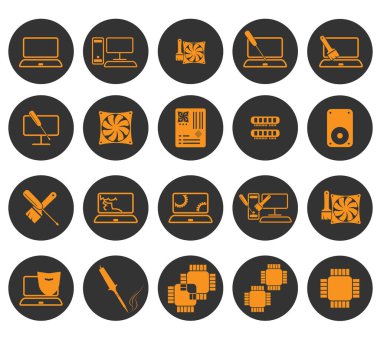 Bilgisayar temasının ana simgeleri. Bilgisayar bileşenlerinin yuvarlak gri arka planına sahip turuncu simgeler, bilgisayar hizmetleri (bilgisayarların onarımı, dizüstü bilgisayarlar, servis merkezi). Web siteleri, web tasarımı, yazdırma ve reklamcılık için vektör resmi