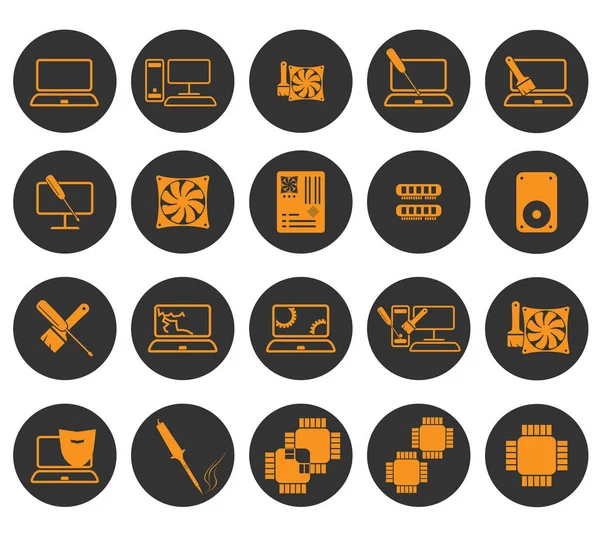 Bilgisayar temasının ana simgeleri. Bilgisayar bileşenlerinin yuvarlak gri arka planına sahip turuncu simgeler, bilgisayar hizmetleri (bilgisayarların onarımı, dizüstü bilgisayarlar, servis merkezi). Web siteleri, web tasarımı, yazdırma ve reklamcılık için vektör resmi
