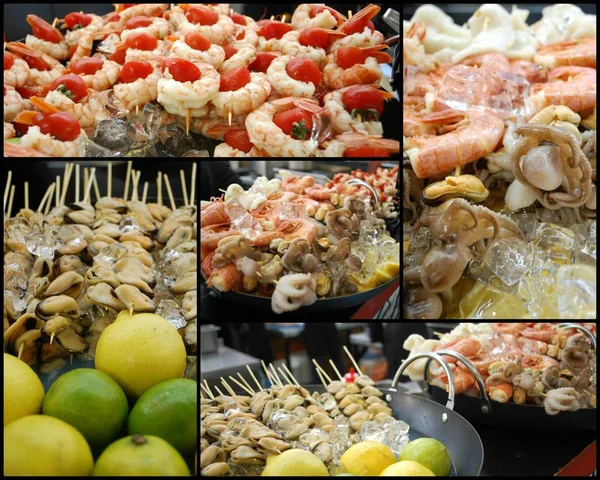 deniz ürünleri, karides, yumuşakçalar, mürekkep balığı, kalamar ve midye domates, limon, limon ve buz slices.collage