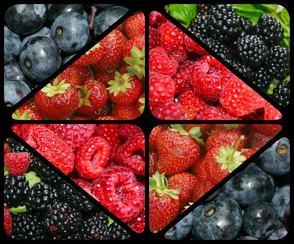 Bayas Brillantes Coloridas Fondo Negro Frambuesas Fresas Arándanos Moras — Foto de Stock