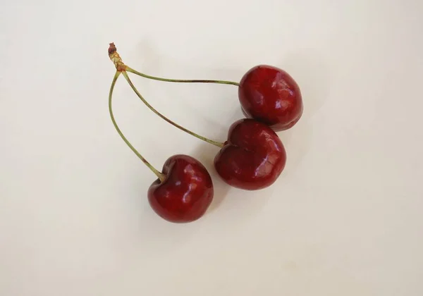 Tres Cerezas Rojas Oscuras Sobre Fondo Claro — Foto de Stock