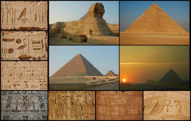 Giza, çizimler, hiyeroglif piramitleri. Egypt.Collage