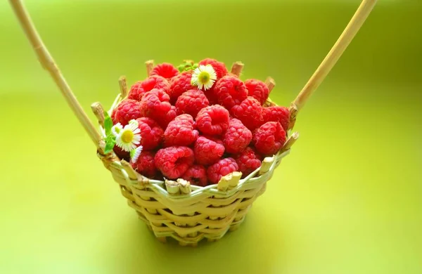 Bright Pink Ripe Raspberries Basket Green Background — Stock Photo, Image