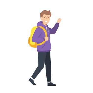 İyi görünümlü bir öğrenci el sallıyor. Çekici bir erkek öğrenci. Mor kapüşonlu bir öğrenci. bir kişi selamlıyor