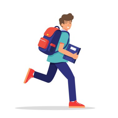 Sırt çantası ve kitapla koşan bir öğrenci. Yeni bir akademik yılın başlangıcını ya da eğitime geri dönme kavramını sembolize eder.