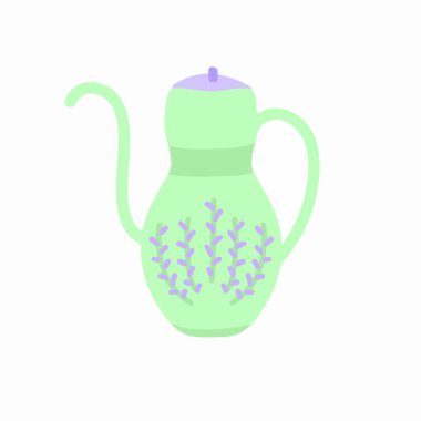 Lavanta motifli pastel yeşil bir çaydanlık. Şirin ve estetik bir çaydanlık. Logolar, simgeler ve çıkartmalar için mükemmel. geleneksel çaydanlık