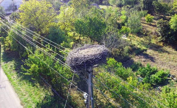 Macaristan 'ın kırsal kesimlerinde elektrik hatları olan bir elektrik direğine inşa edilmiş büyük bir leylek yuvasının havadan görünüşü. Kırsal alandaki boş bir kuş yuvası, vahşi yaşamı ve korunmayı temsil ediyor..