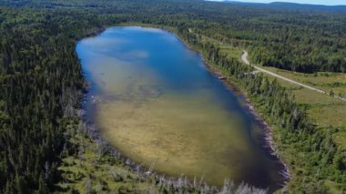 Temiz suyu olan küçük bir balıkçı gölünün panoramik hava manzarası ve avcılık ve balıkçılık malzemelerinin bulunduğu orman yolunun yakınındaki küçük bir rıhtım..
