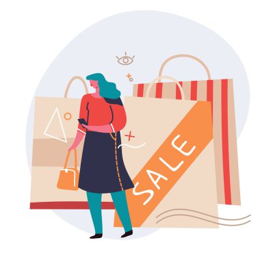 Alışveriş online web sitesi veya mobil uygulama. Satılık, tüketim ve insanlar kavramı. Genç kadın bir smartphone ile online alışveriş.