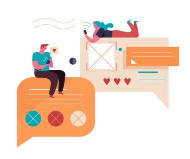 Genç insanlar Internet üzerinde iletişim. Sanal ilişkileri. Vektör çizim