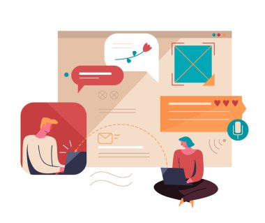 Genç insanlar Internet üzerinde iletişim. Sanal ilişkileri. Vektör çizim