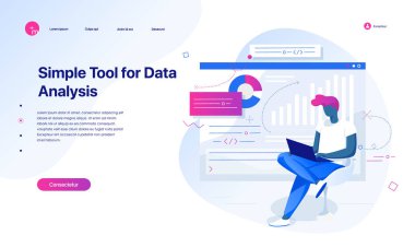 Genç bir adam veri grafikleri analiz eder. Veri analizi ve office durumlara. Açılış sayfası şablonu. Vektör çizim. Açılış sayfası kavramı.