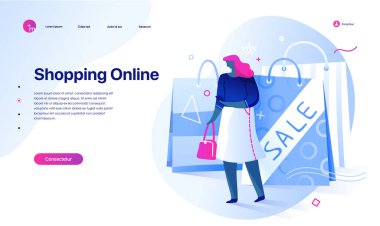 Alışveriş online web sitesi veya mobil uygulama. Satılık, tüketim ve insanlar kavramı. Açılış sayfası şablonu. Genç kadın bir smartphone ile online alışveriş.