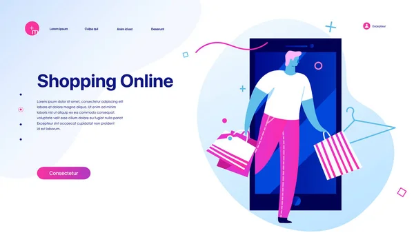 Shopping Online on Website or Mobile Application. Sale, consumerism and people concept. Landing page template. Young man shopping online with a smartphone. — Stock Vector