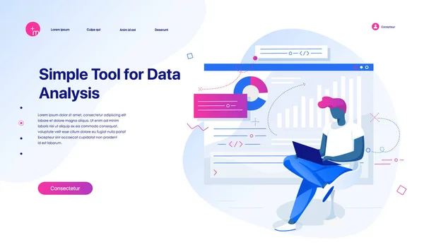 Молодой человек анализирует графики данных. Анализ данных и офисные ситуации. Шаблон страницы посадки. Векторная иллюстрация. Концепция страницы посадки . — стоковый вектор