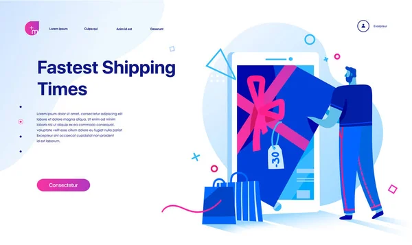 Compras en línea en el sitio web o aplicación móvil. Venta, consumismo y concepto de personas. Plantilla de landing page. Hombre joven de compras en línea con un teléfono inteligente . — Vector de stock