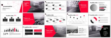 Sunu şablonu, grafikler, diyagramlar ve siyah kırmızı renklerde infographics ile slaytlar. Raporlar, pazarlama, ürün tanıtımı, projeler ve hizmetler için vektör grafik öğeleri.