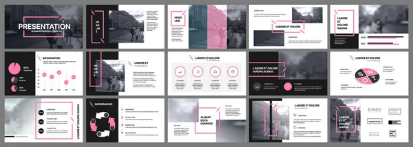 Plantilla presentación. Elementos rosados para presentaciones de diapositivas sobre fondo blanco. Utilizar también como folleto, folleto, informe corporativo, marketing, publicidad, informe anual, banner . — Archivo Imágenes Vectoriales