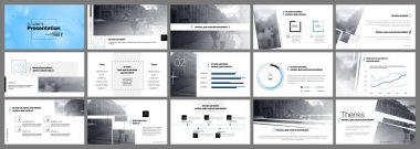 Sunu şablonu, beyaz arka planda mavi ve siyah bilgi grafiği öğeleri. İş proje sunumları ve pazarlama için vektör slayt şablonu.