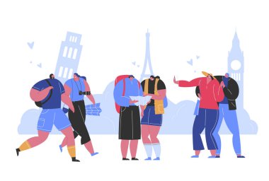 Mutlu insanlar seyahat Fotoğraf Avrupa Sight alın. Turizm ve yürüyüş. Grup Genç Hipster Turistler Arkadaşlar sırt çantaları ve bir harita ile. Kentsel Arka Plan Kavramı Düz Karikatür Vektör İllüstrasyon Turizm