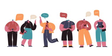 Sosyal Ağ ve Sanal İletişim Kavramı illüstrasyon. Web sitesi veya web sayfası için Akıllı Telefon Kullanarak Sohbet Genç Karakter Grubu. Düz karikatür vektör illüstrasyon.