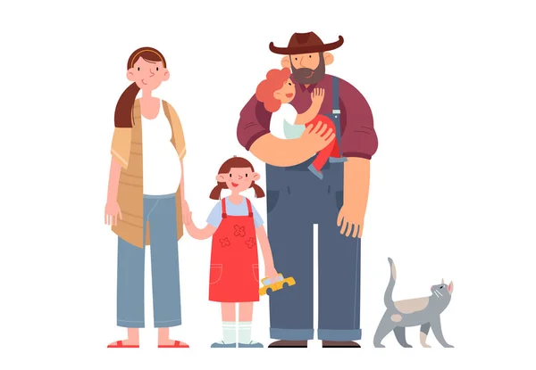Счастливый фермер со своей женой, детьми и кошкой. Плоская векторная иллюстрация . — стоковый вектор