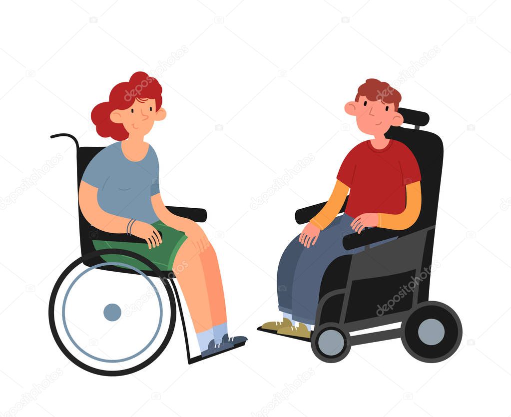 Disabled people. Boy and girl in wheelchairs. Flat cartoon vector illustration.