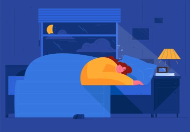 Kız geceleri uyuyor. Yorganın altında yatakta uyuyan kadın. Evde iç yatak odası kızlar. Kız yatak odası ev iç, yatak uyku rüya rahatlayın. Düz vektör çizimi.