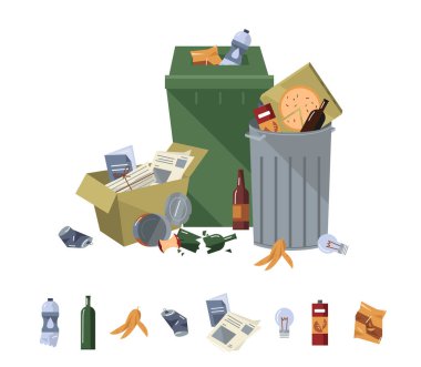Beyaz arka planda çöp. Karikatür çöp, gıda çöp, çöp ve çöp, geri dönüşüm için atık dökümü için kazıklar